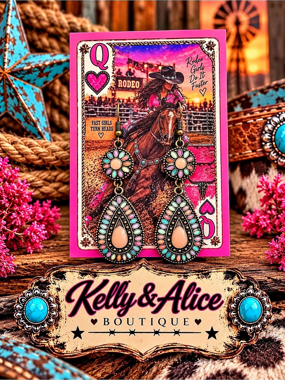 Kelly & Alice Boutique Western Rodeo Turquoise Pink Statement Earrings